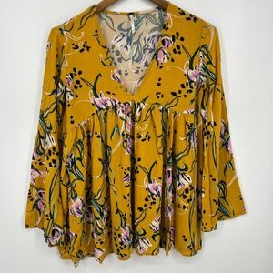 Free People Blouse Women's Size‎ S Yellow Long Bell Sleeves Floral V-Neck Boho